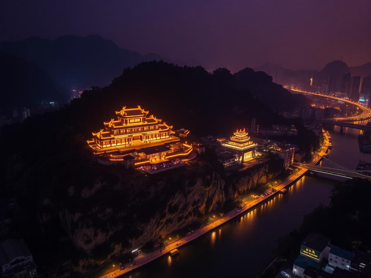 Chongqing traditional architecture lit at night with Yangtze River